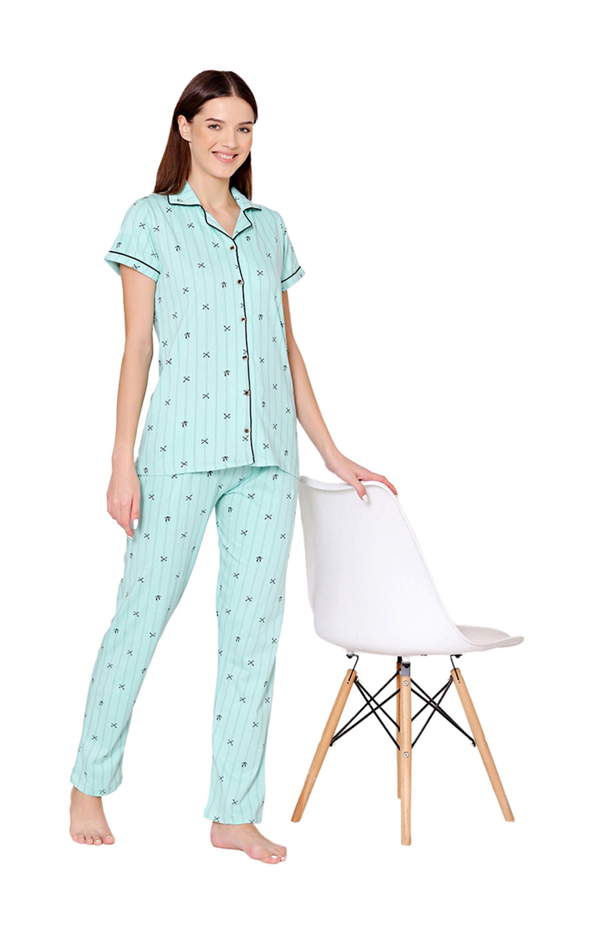 Bodycare Womens Cotton Printed Night Suit Set of Shirt & Pyjama-BSNS18013