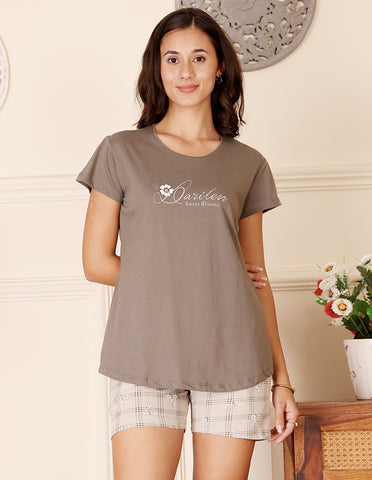 Brown & Biege Cotton Printed T-Shirt & Shorts Night Suit for Women by Bodycare-BSSS17018