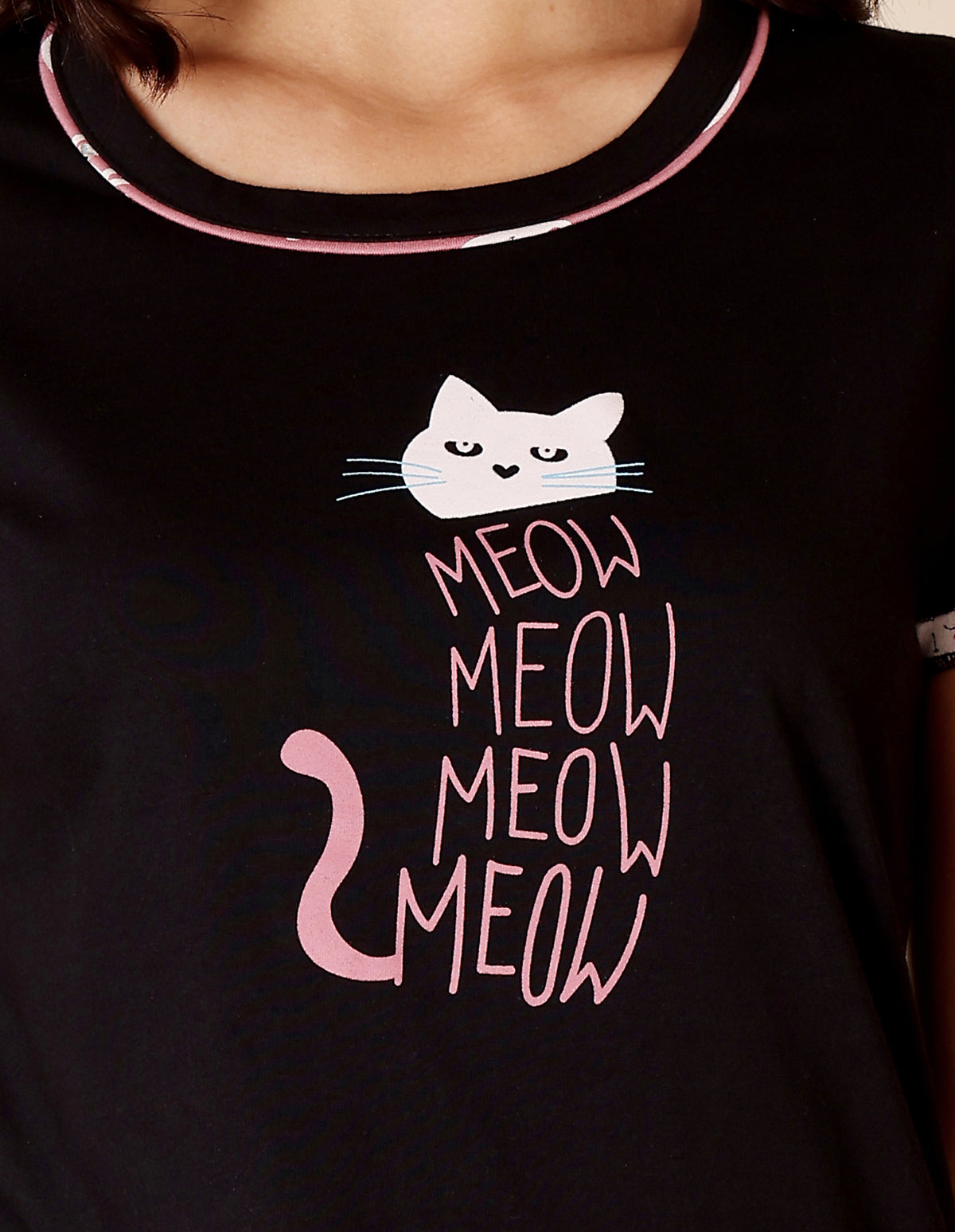 Black & Pink Cotton Printed T-Shirt & Shorts Night Suit for Women by Bodycare-BSSS17019