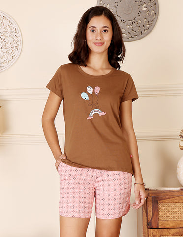 Brown & Pink Cotton Printed T-Shirt & Shorts Night Suit for Women by Bodycare-BSSS17021