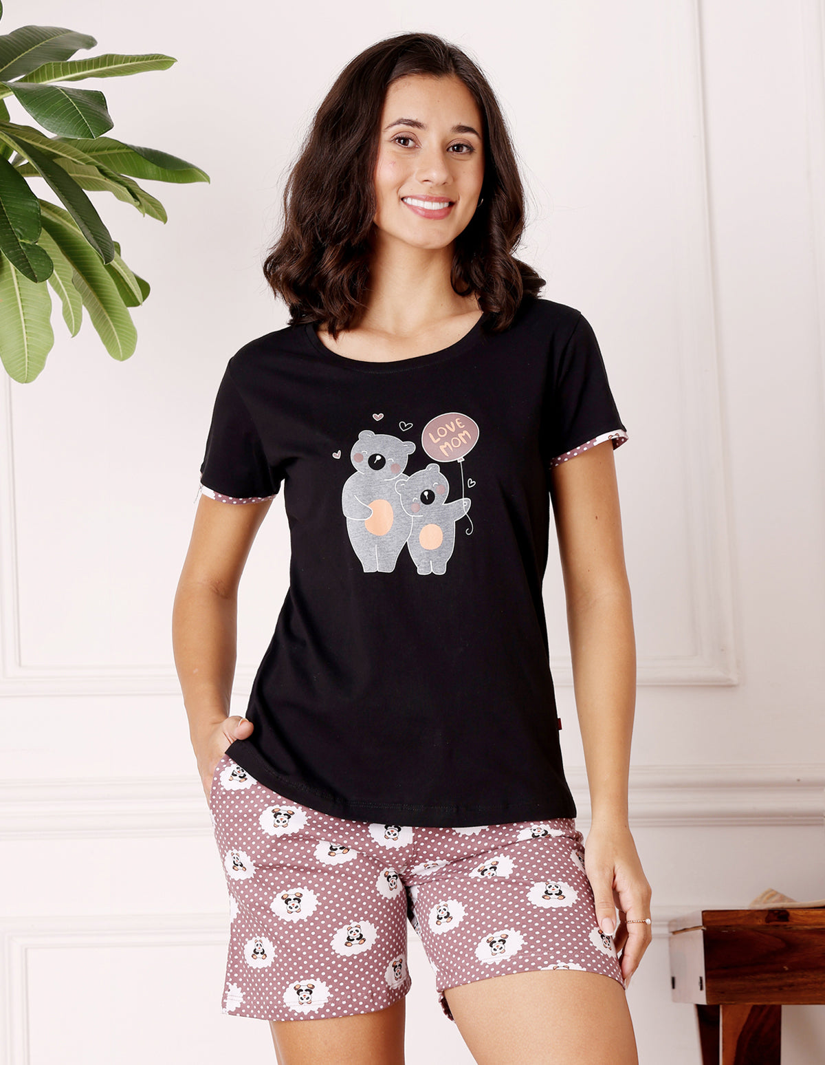 Black & Pink Cotton Printed T-Shirt & Shorts Night Suit for Women by Bodycare-BSSS17023