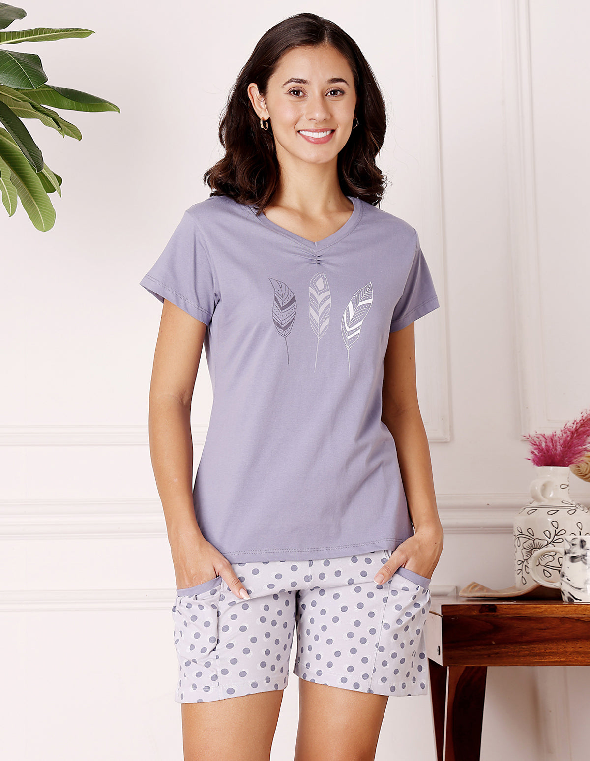 Purple & White Cotton Printed T-Shirt & Shorts Night Suit for Women by Bodycare-BSSS17026