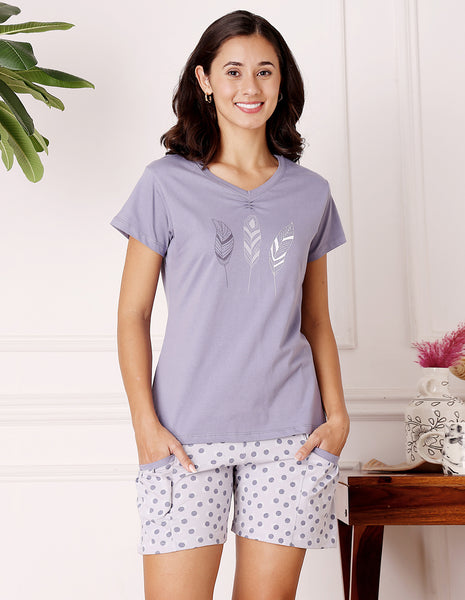 Purple & White Cotton Printed T-Shirt & Shorts Night Suit for Women by Bodycare-BSSS17026
