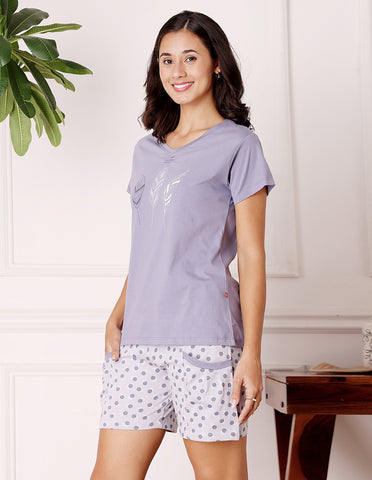 Purple & White Cotton Printed T-Shirt & Shorts Night Suit for Women by Bodycare-BSSS17026