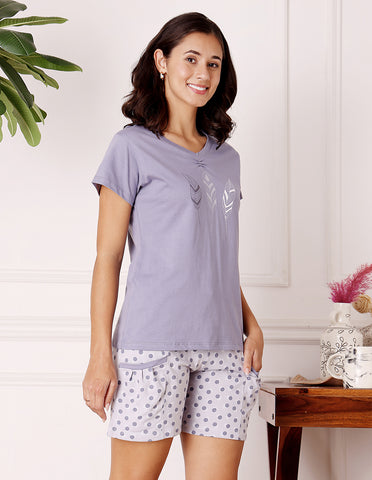 Purple & White Cotton Printed T-Shirt & Shorts Night Suit for Women by Bodycare-BSSS17026