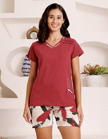 Red & White Cotton Printed T-Shirt & Shorts Night Suit for Women by Bodycare-BSSS17027
