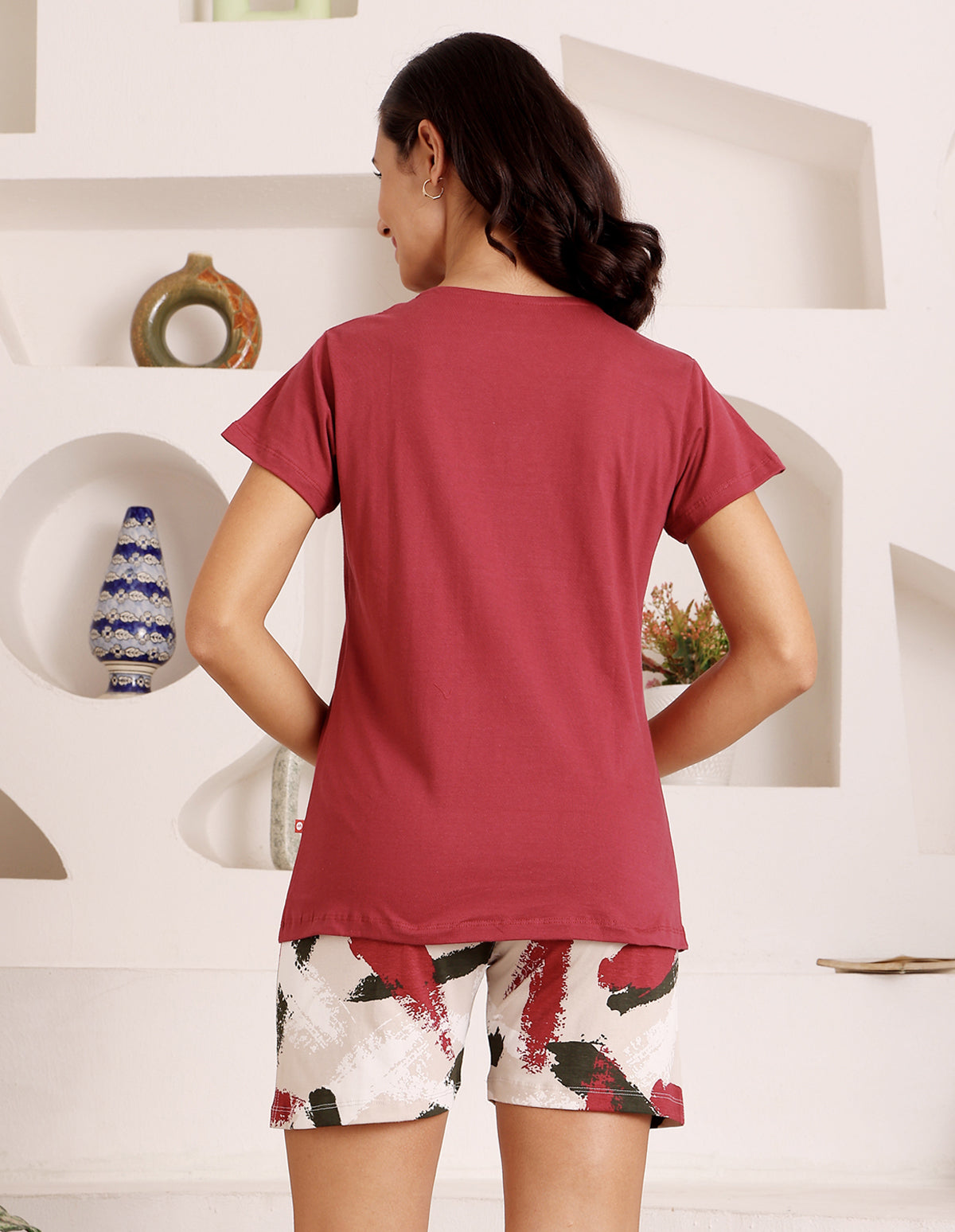 Red & White Cotton Printed T-Shirt & Shorts Night Suit for Women by Bodycare-BSSS17027