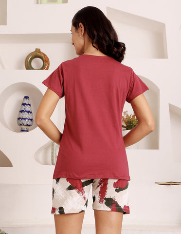 Red & White Cotton Printed T-Shirt & Shorts Night Suit for Women by Bodycare-BSSS17027