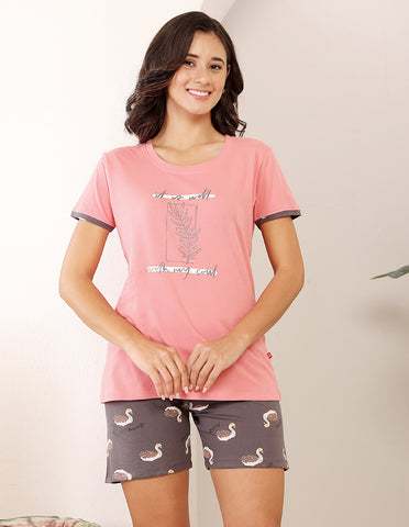 Pink & Brown Cotton Printed T-Shirt & Shorts Night Suit for Women by Bodycare-BSSS17028