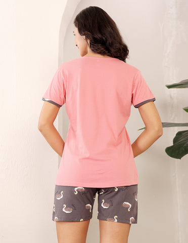 Pink & Brown Cotton Printed T-Shirt & Shorts Night Suit for Women by Bodycare-BSSS17028