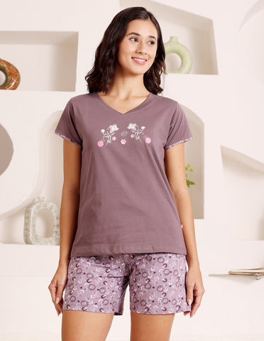 Brown & Pink Cotton Printed T-Shirt & Shorts Night Suit for Women by Bodycare-BSSS17029