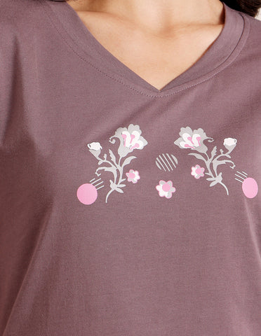 Brown & Pink Cotton Printed T-Shirt & Shorts Night Suit for Women by Bodycare-BSSS17029