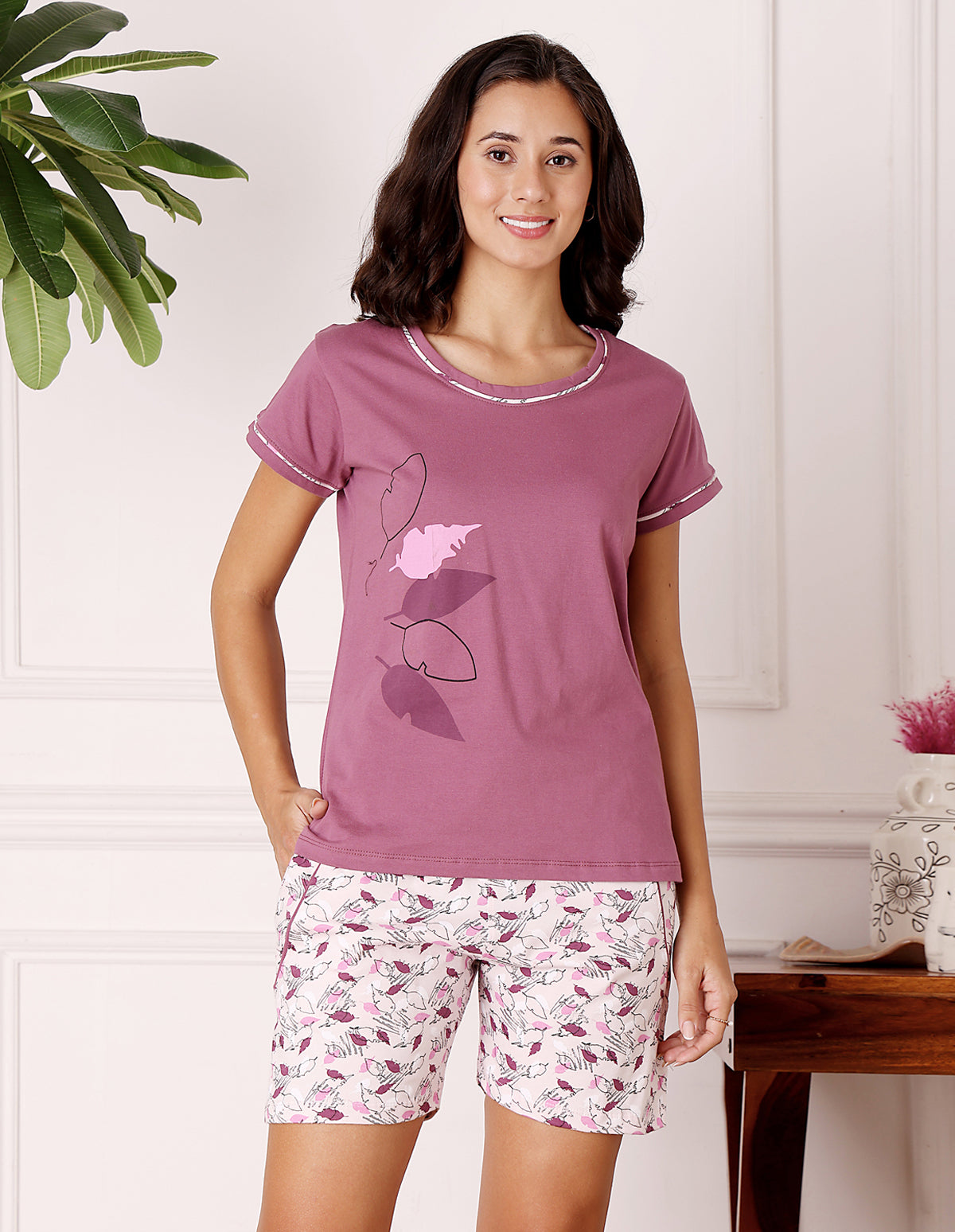 Pink & White Cotton Printed T-Shirt & Shorts Night Suit for Women by Bodycare-BSSS17030