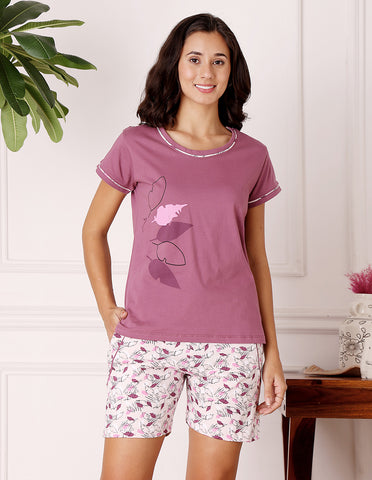 Pink & White Cotton Printed T-Shirt & Shorts Night Suit for Women by Bodycare-BSSS17030