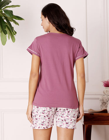Pink & White Cotton Printed T-Shirt & Shorts Night Suit for Women by Bodycare-BSSS17030