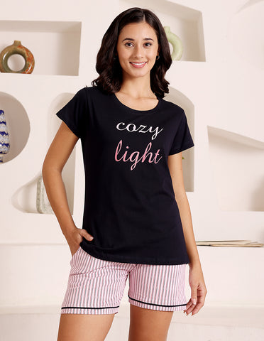 Black & Pink Cotton Printed T-Shirt & Shorts Night Suit for Women by Bodycare-BSSS17031