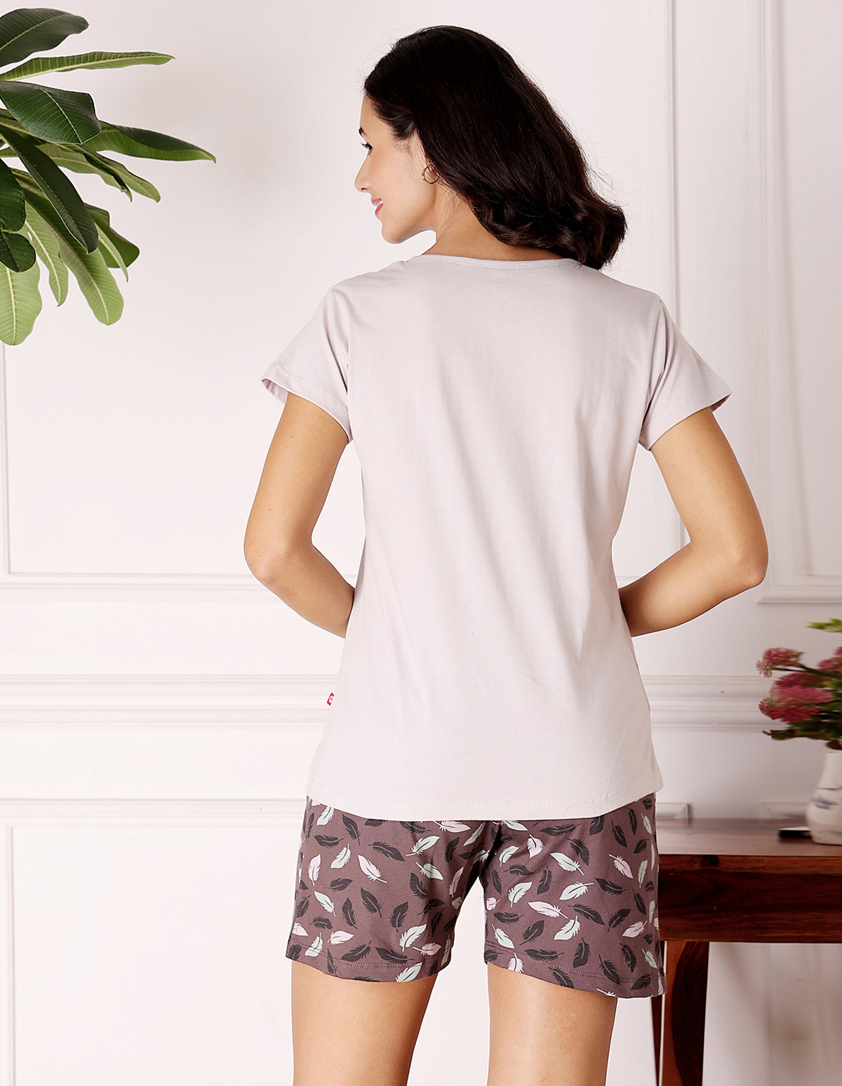 Grey & Brown Cotton Printed T-Shirt & Shorts Night Suit for Women by Bodycare-BSSS17032