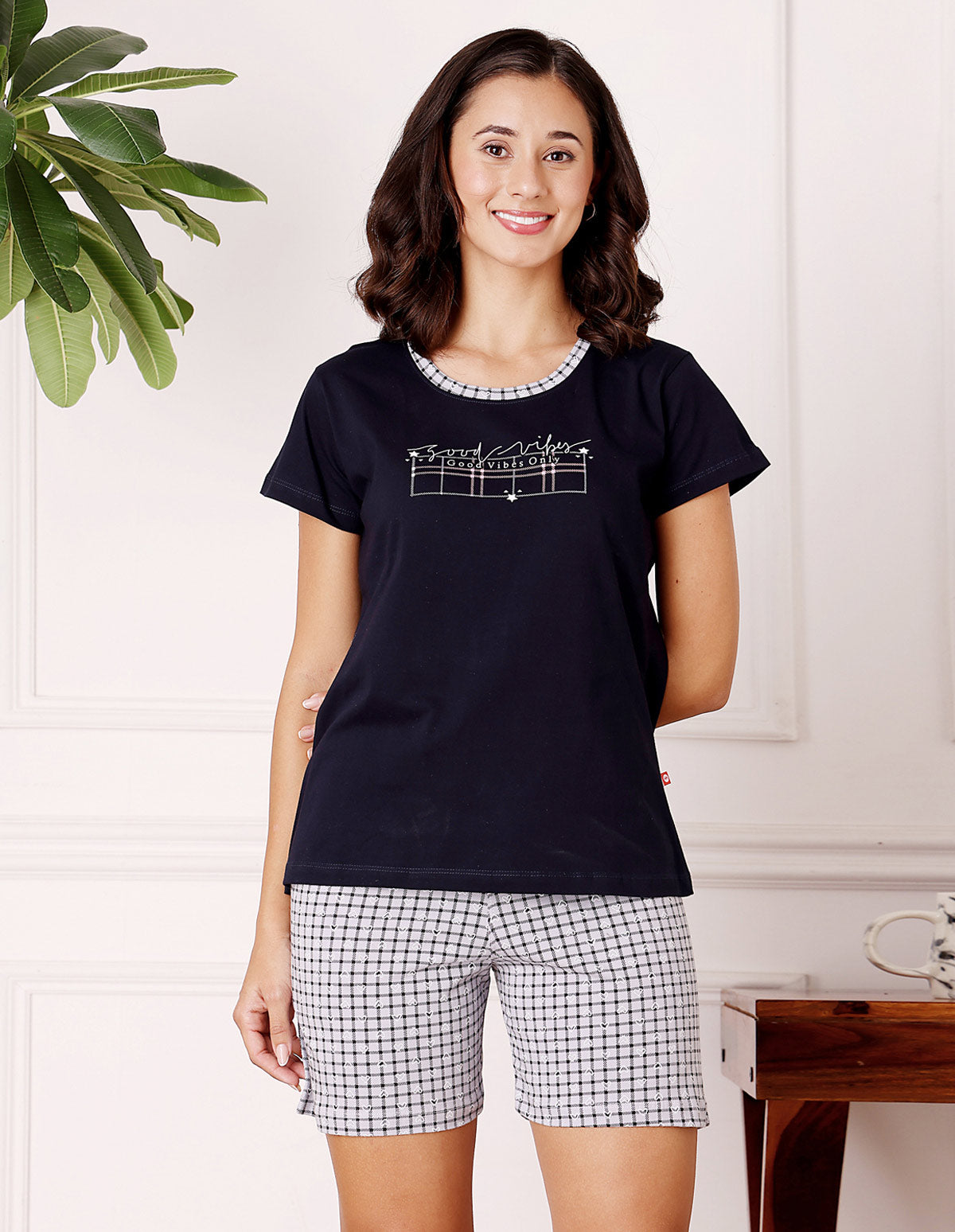 Black & Grey Cotton Printed T-Shirt & Shorts Night Suit for Women by Bodycare-BSSS17033