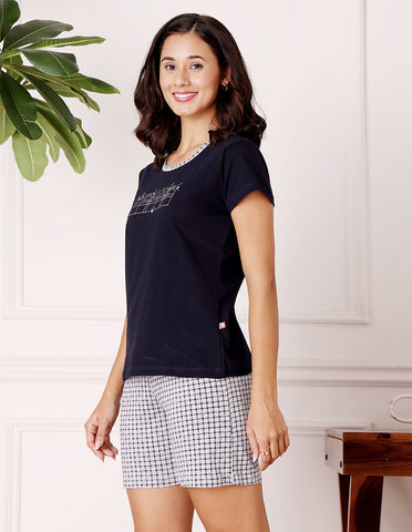 Black & Grey Cotton Printed T-Shirt & Shorts Night Suit for Women by Bodycare-BSSS17033