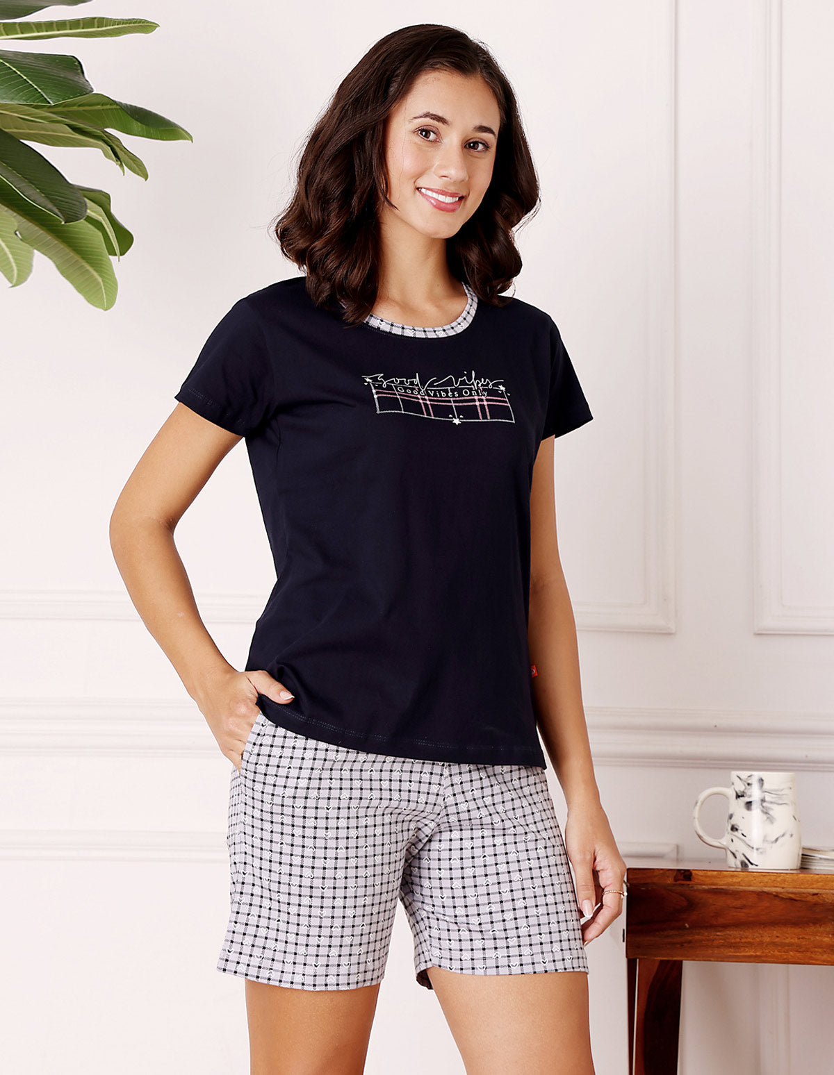 Black & Grey Cotton Printed T-Shirt & Shorts Night Suit for Women by Bodycare-BSSS17033