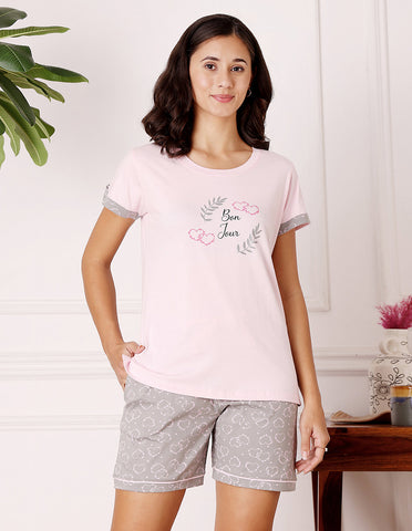 Pink & Grey Cotton Printed T-Shirt & Shorts Night Suit for Women by Bodycare-BSSS17034