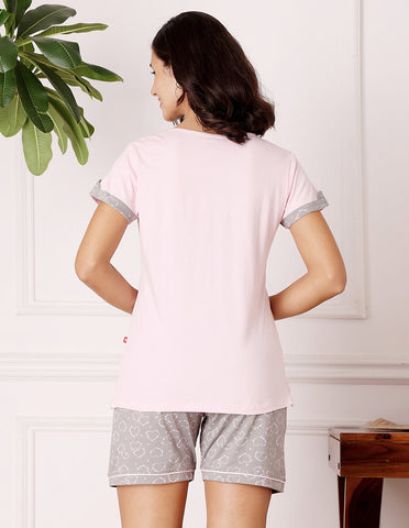 Pink & Grey Cotton Printed T-Shirt & Shorts Night Suit for Women by Bodycare-BSSS17034