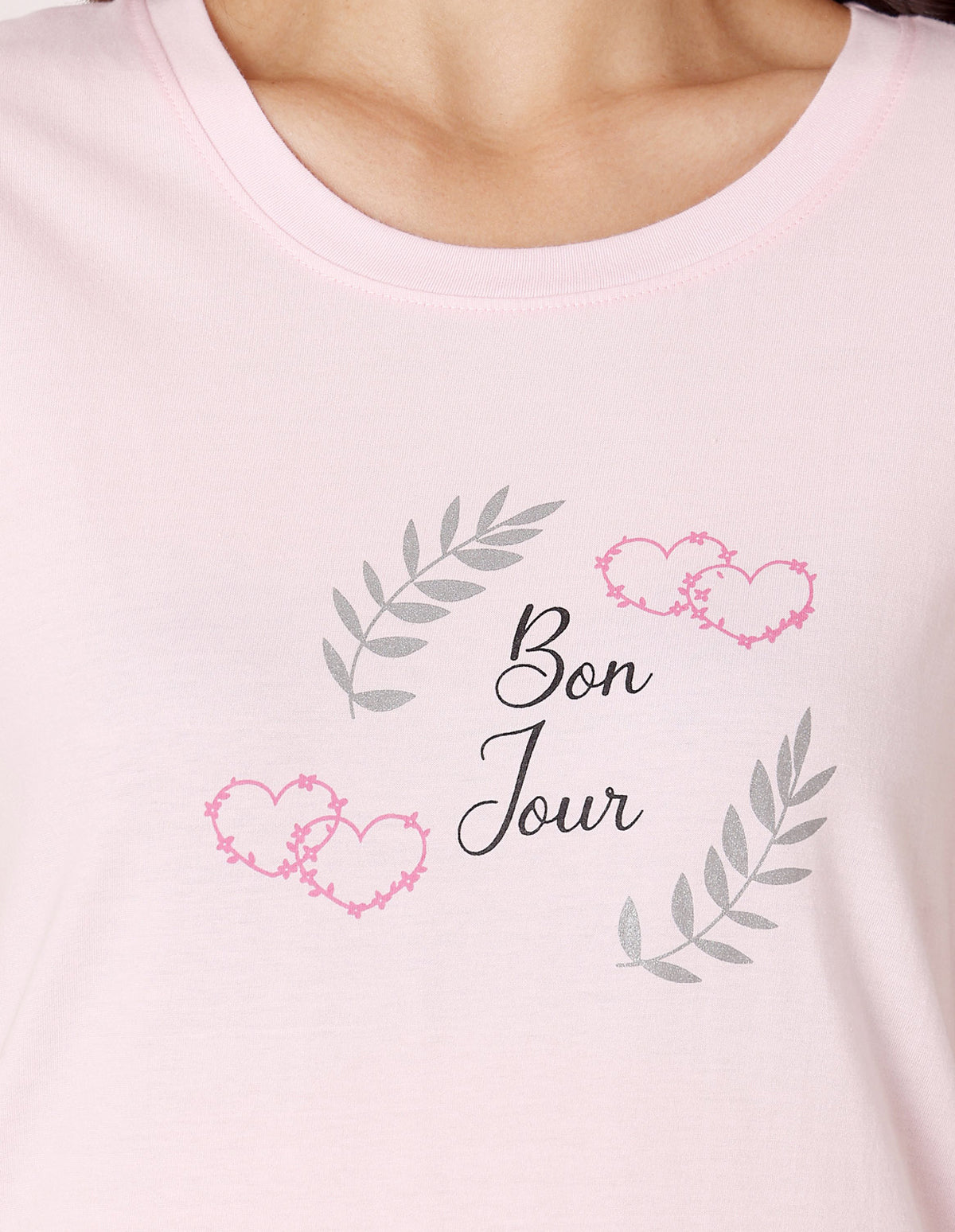 Pink & Grey Cotton Printed T-Shirt & Shorts Night Suit for Women by Bodycare-BSSS17034