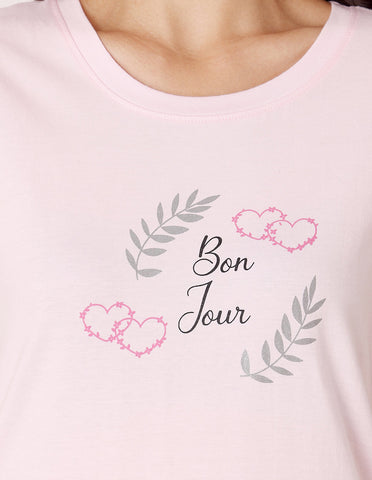 Pink & Grey Cotton Printed T-Shirt & Shorts Night Suit for Women by Bodycare-BSSS17034