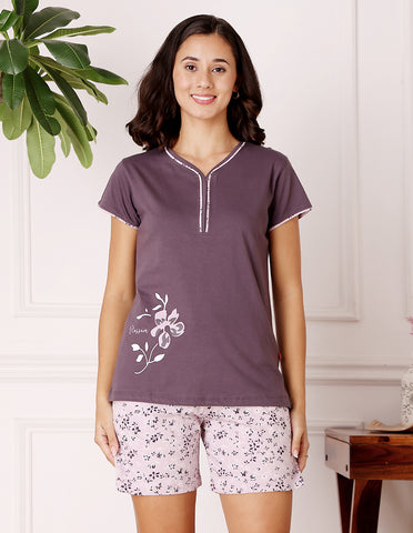 Pink & White Cotton Printed T-Shirt & Shorts Night Suit for Women by Bodycare-BSSS17035