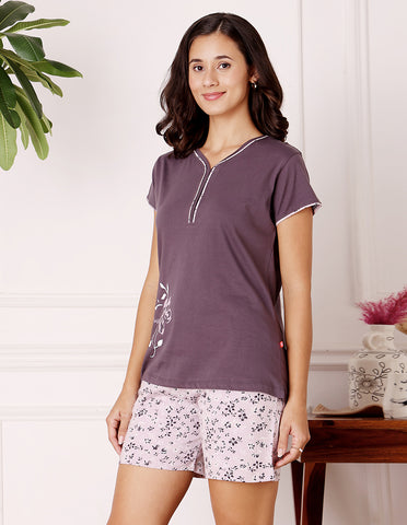 Pink & White Cotton Printed T-Shirt & Shorts Night Suit for Women by Bodycare-BSSS17035