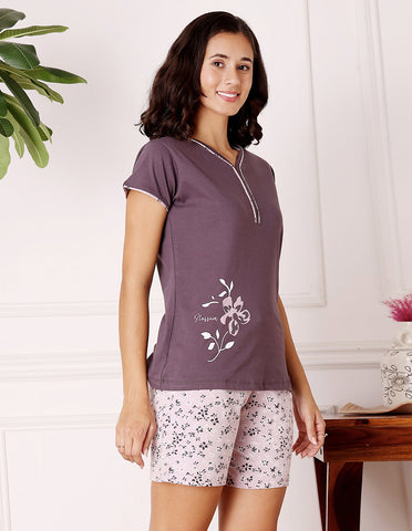 Pink & White Cotton Printed T-Shirt & Shorts Night Suit for Women by Bodycare-BSSS17035