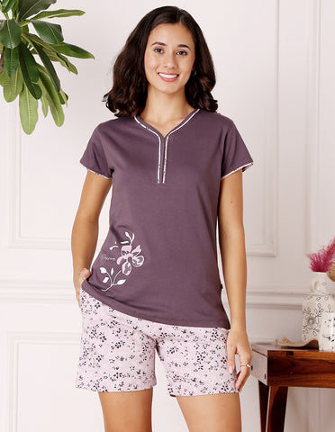 Pink & White Cotton Printed T-Shirt & Shorts Night Suit for Women by Bodycare-BSSS17035