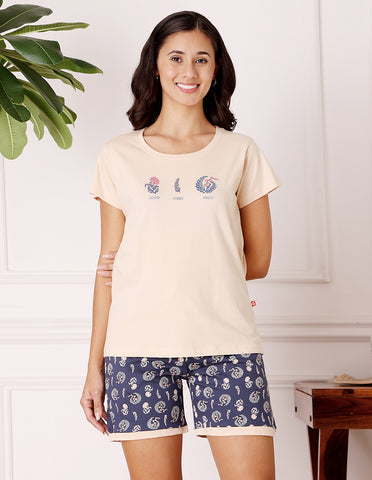 Biege & Blue Cotton Printed T-Shirt & Shorts Night Suit for Women by Bodycare-BSSS17036