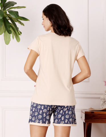 Biege & Blue Cotton Printed T-Shirt & Shorts Night Suit for Women by Bodycare-BSSS17036