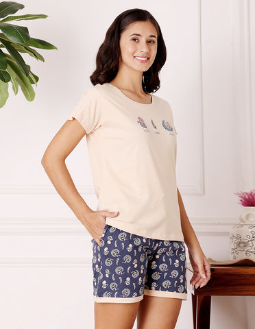 Biege & Blue Cotton Printed T-Shirt & Shorts Night Suit for Women by Bodycare-BSSS17036