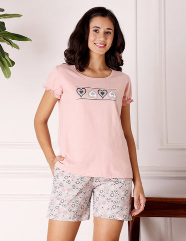 Pink & Grey Cotton Printed T-Shirt & Shorts Night Suit for Women by Bodycare-BSSS17038