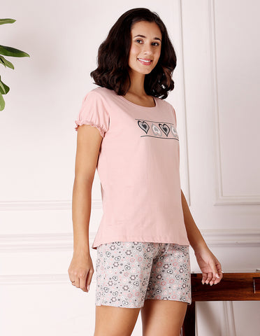Pink & Grey Cotton Printed T-Shirt & Shorts Night Suit for Women by Bodycare-BSSS17038