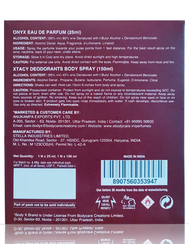 BodyX Xtacy Deo & Onyx Mini Perfume Combo Set for Men (150ml + 25ml)