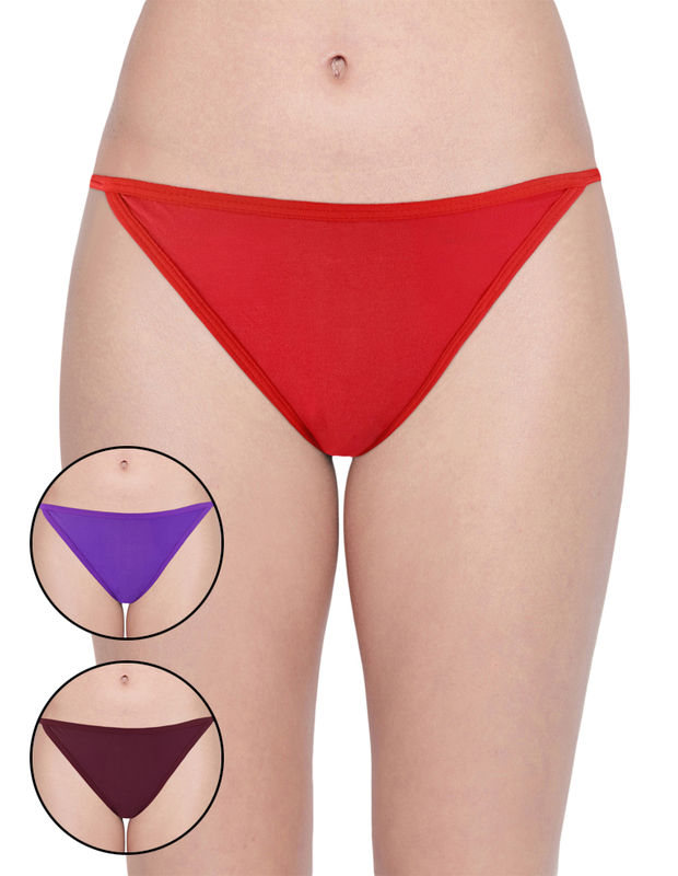 BODYCARE Pack of 3 Bikini Style Cotton spandex Briefs in Assorted colors with V-String band-E36D