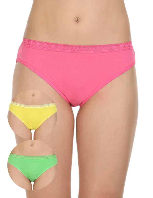 Pack of 3 Bikini Style Cotton Briefs in Assorted colors with Lacy waist Band-1473C