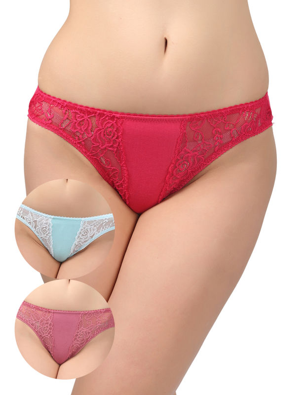 BODYCARE Pack of 3 Bikini Style Cotton Briefs in Assorted colors with Contrast Lacy sides-E1452