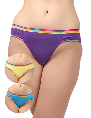 BODYCARE Pack of 3 Bikini Style Cotton Briefs in Assorted colors with Multi Coloured Striped waist band-E1477