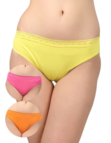 BODYCARE Pack of 3 Bikini Style Cotton Briefs in Assorted colors with Lacy waist Band-E1473