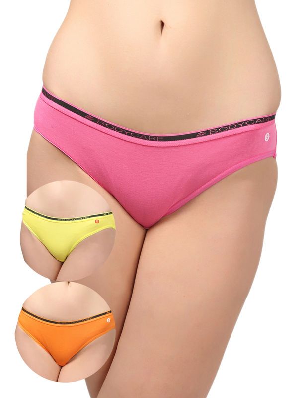 BODYCARE Pack of 3 Bikini Style Cotton Briefs in Assorted colors with Broad elastic band-E77C