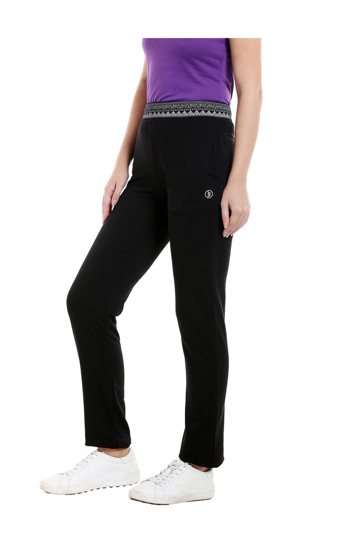 Bodyactive Women Printed Waist Band Trackpant in Black Colour-LL13-BLK