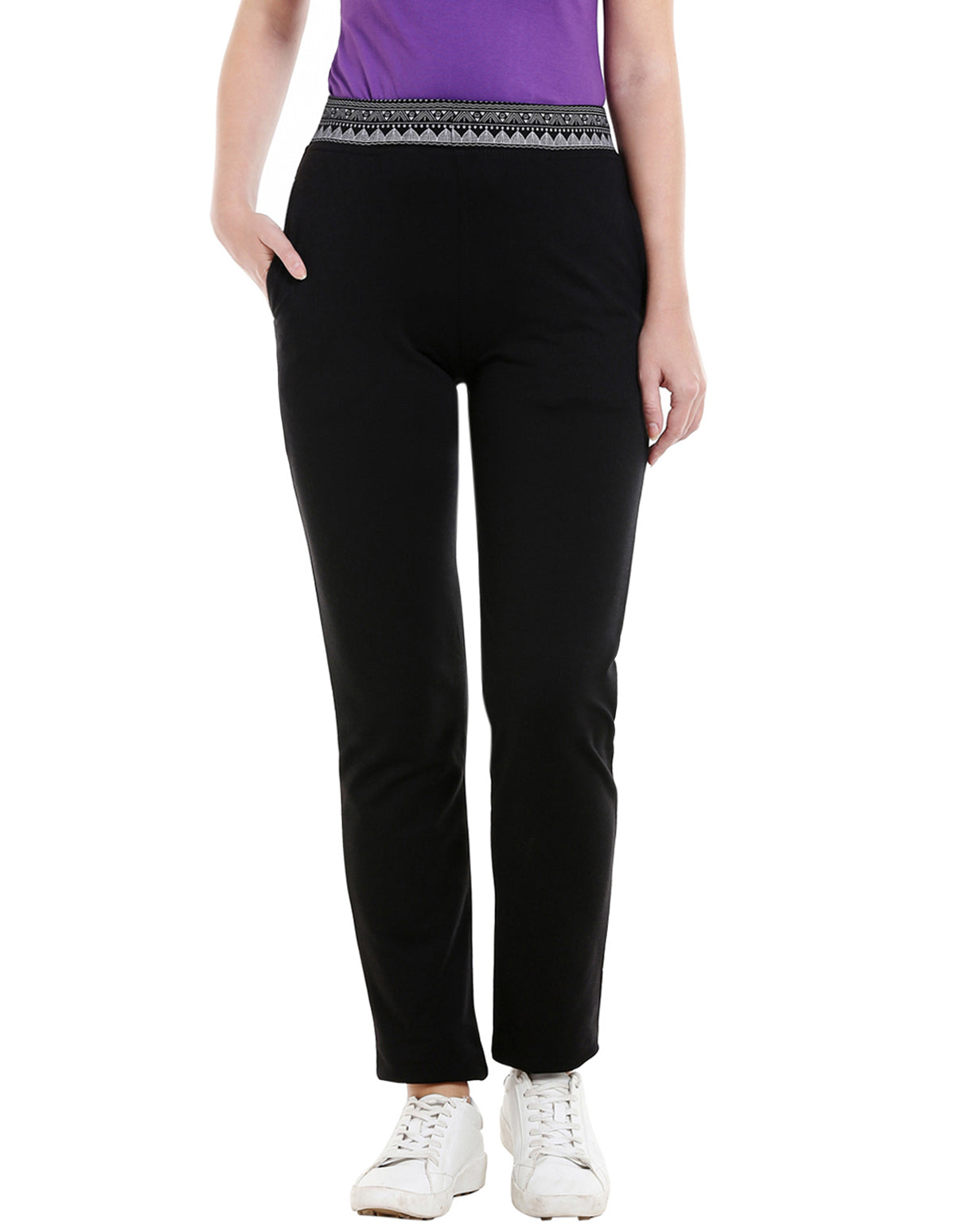 Bodyactive Women Printed Waist Band Trackpant in Black Colour-LL13-BLK