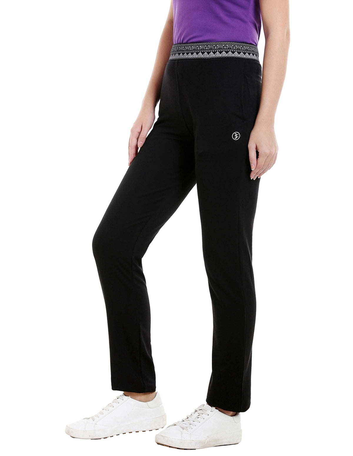 Bodyactive Women Printed Waist Band Trackpant in Black Colour-LL13-BLK