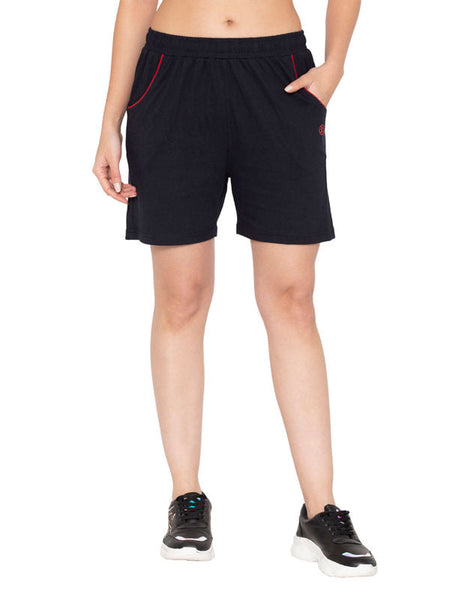 Bodyactive Women Navy Cotton Shorts with Pockets -SHW2-NAV/RED