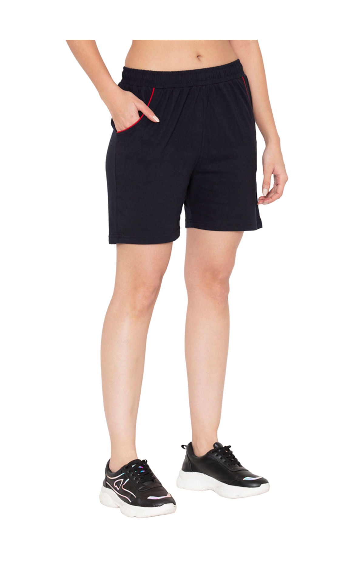 Bodyactive Women Navy Cotton Shorts with Pockets -SHW2-NAV/RED