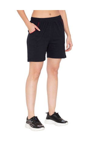 Bodyactive Women Navy Cotton Shorts with Pockets -SHW2-NAV/RED